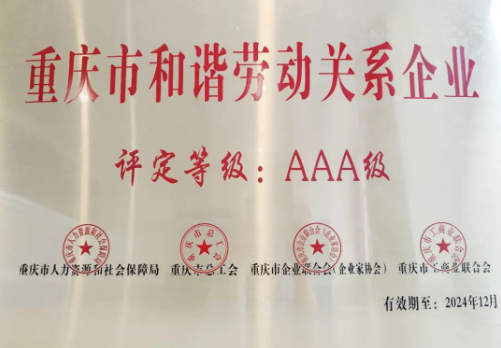 重庆拉斯维加斯游戏0567CC控股集团荣获重庆市和谐劳动关系AAA级企业称号